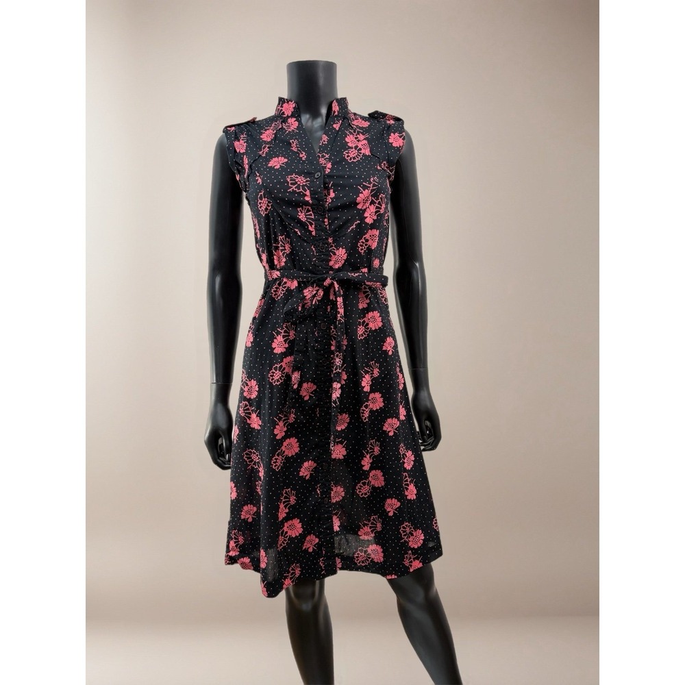 Lux Black Pink Floral Sleeveless Cotton Button Front Shirt Dress‎ S